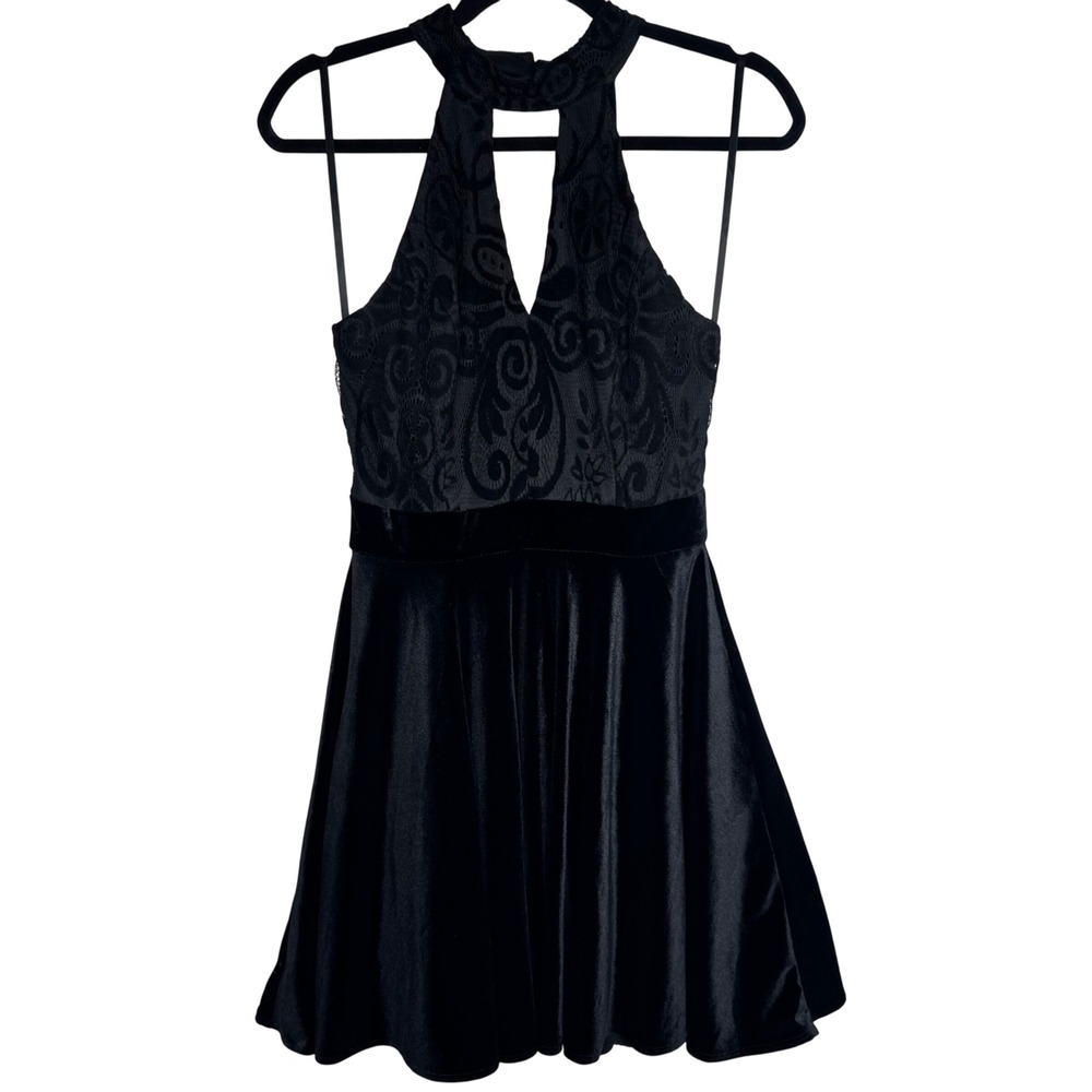 VTG Y2K Sz 7 Black Velvet Burnout and Lace Dress Whimsigoth Dark Fairy Witchy